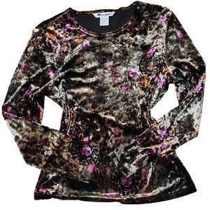 Nygard‎ Collection Petites Floral Velvet Long Sleeve Top Brown Purple
